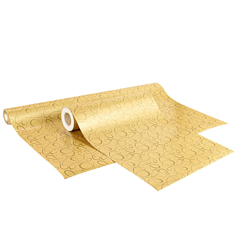 Shiny gold gift paper with matt gold Scrolls print, 0.35 x 25 m, 70g